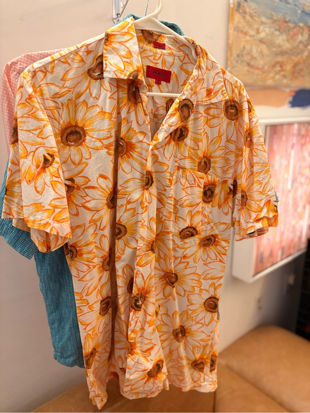 Vintage Hugo Boss Orange & White Sunflower Short-Sleeve Button Down Shirt
